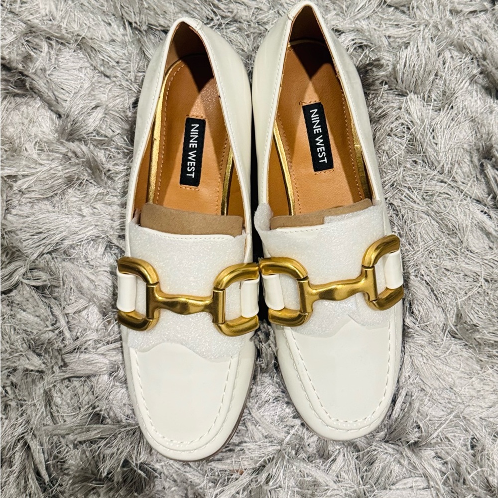 Nine West White Loafers with Gold Accent
